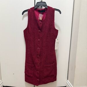 NWT Endless Rose Tweed Burgundy Button-Up Sheath Dress, Small